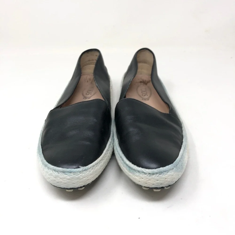 Tod's Womens 37 Espadrille Loafers Black Leather Gommino Driving Shoe
